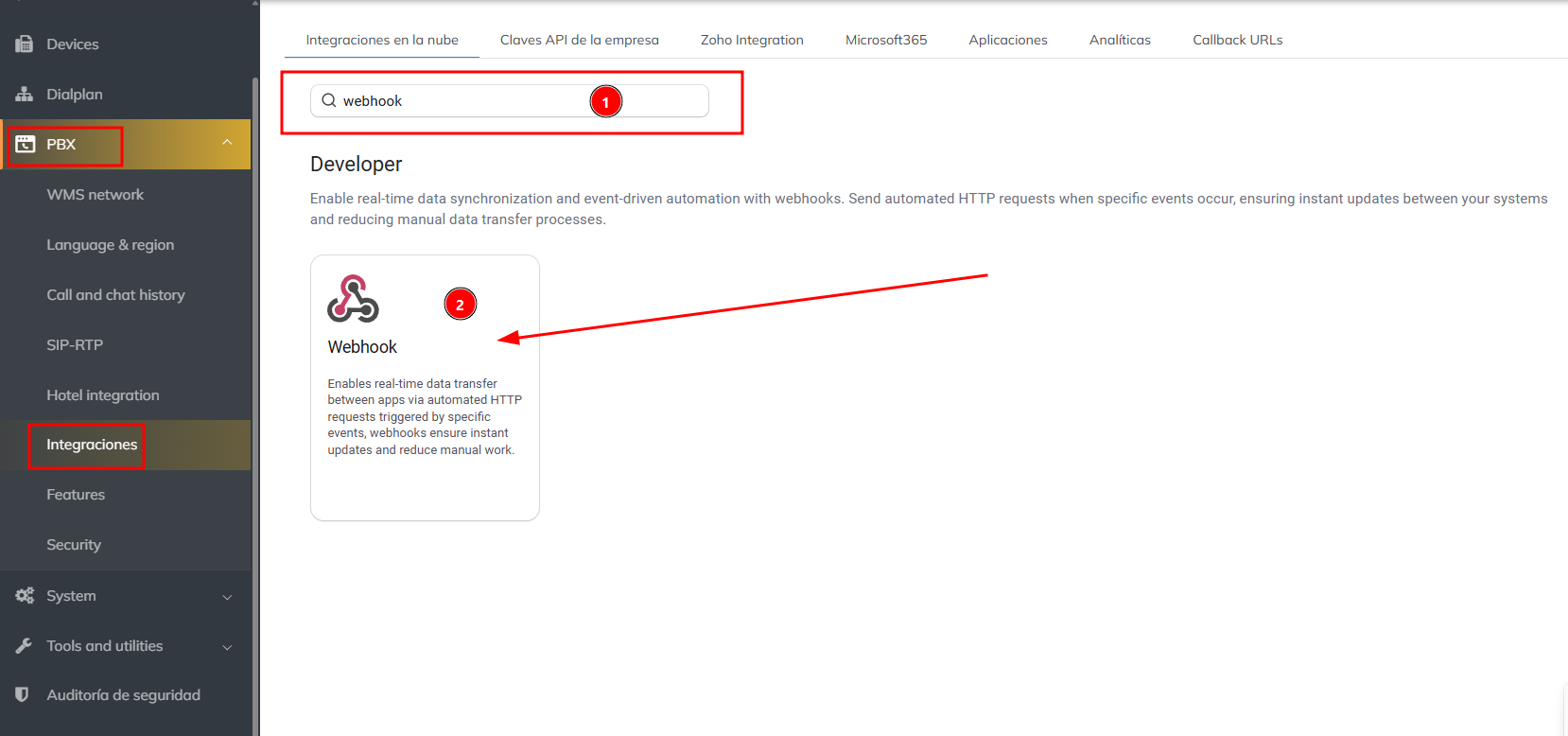 webhooks integration Wildix