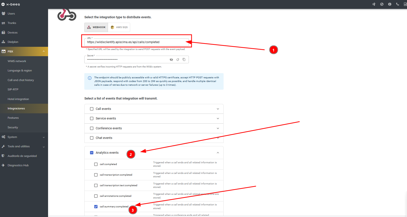 webhooks integration Wildix
