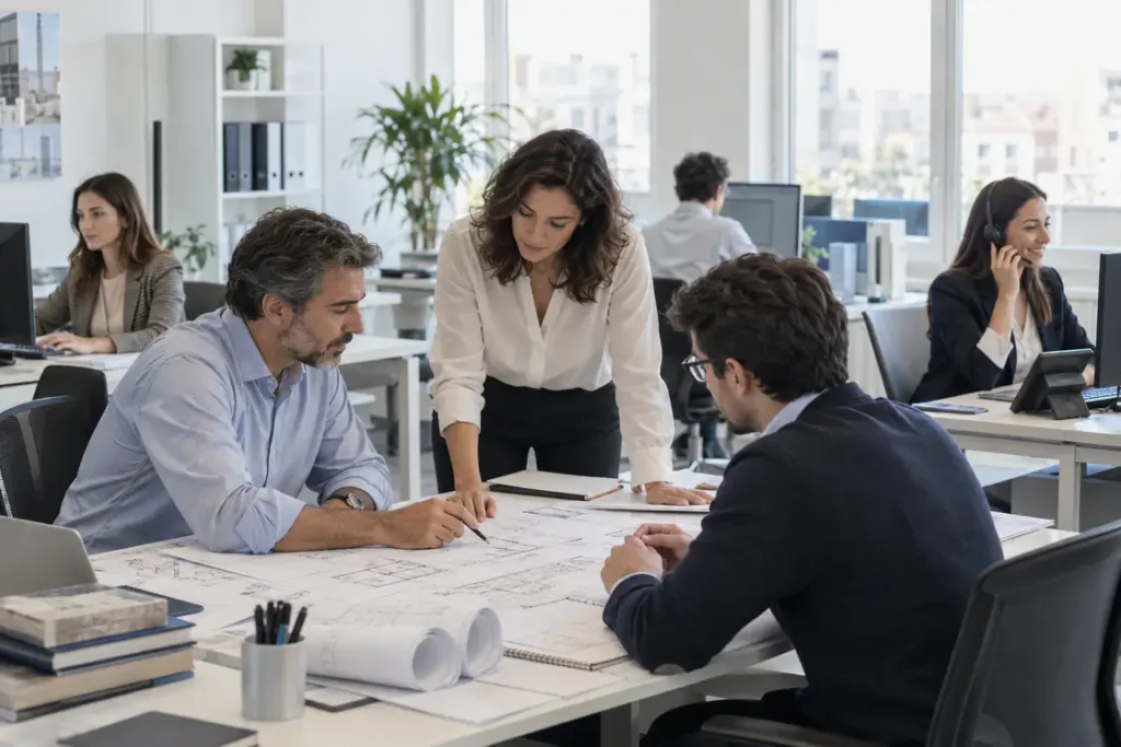 Equipo profesional revisando planos técnicos y gestionando llamadas en una oficina