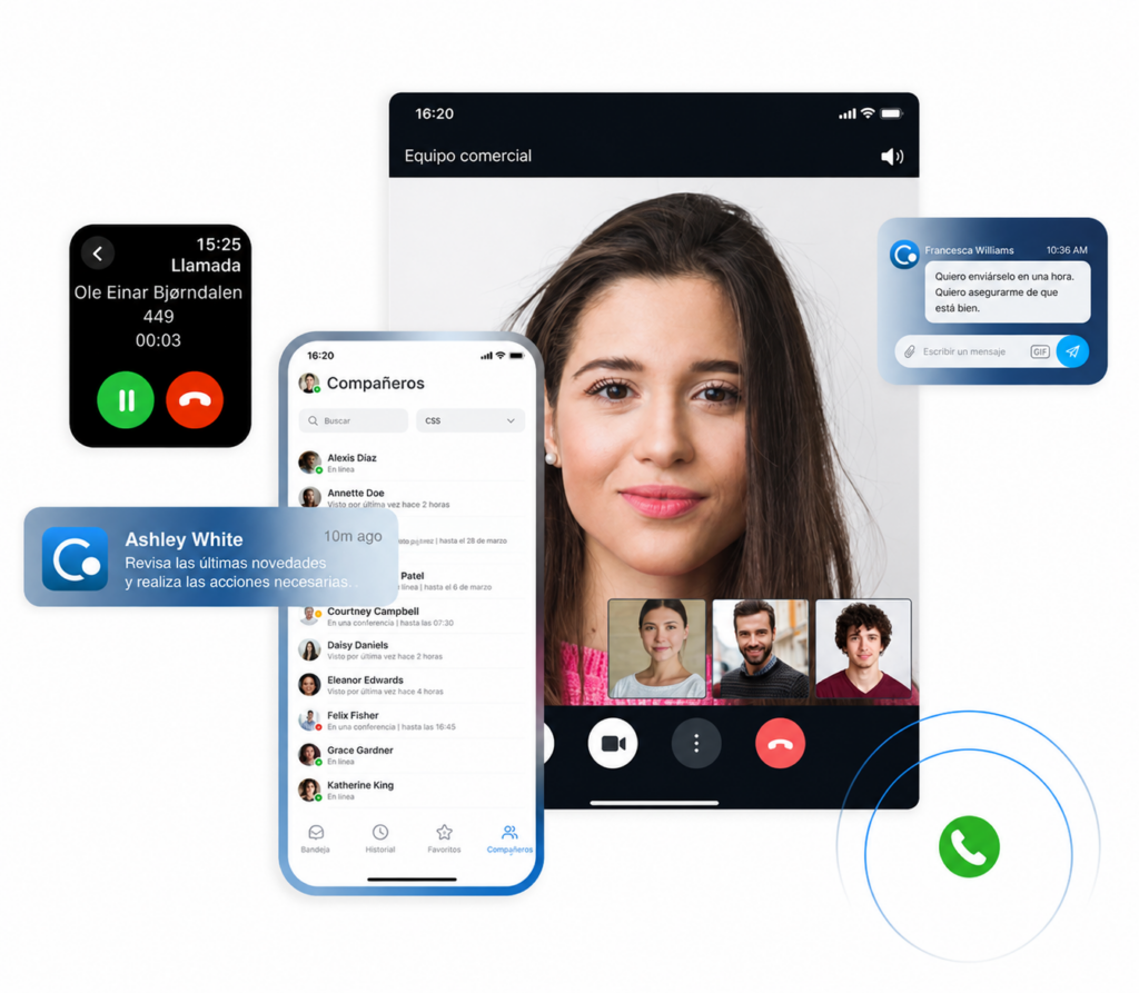 Interfaz de Wildix para llamadas, videollamadas, chat y colaboración empresarial
